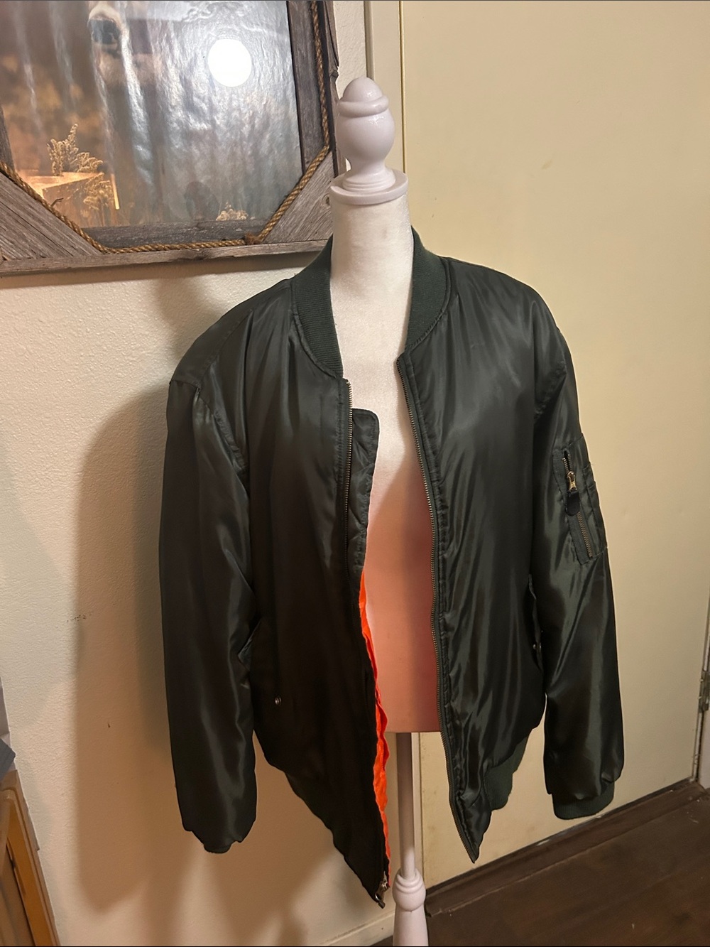 Reversible Olive Green Bomber Jacket with Orange Lining